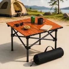 Mesa Dobrável Portátil Praia, Pesca e Camping + Bolsa de Transporte Resistente Preta Madeira Bege