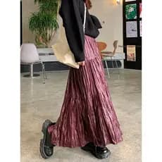 Encore vermelho plissado saia de couro do plutônio feminino outono novo estilo cintura alta a linha saia de comprimento
