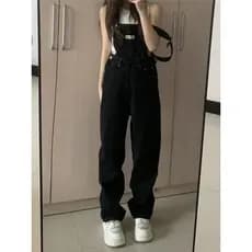 Macacão jeans preto feminino 2026 outono novo estilo formato de pêra cintura alta solta calças de chão reto