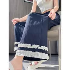 Retro Tencel macio Denim calças de perna larga feminino verão fino cintura alta renda costura Drape tornozelo-perna Casu