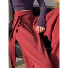 Calças de terno vermelho femininas primavera outono 2026 novo estilo Design cinta cintura alta Drape calças largas perna