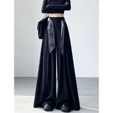 Terno preto calças de perna larga feminino primavera outono 2026 novo estilo lenço de seda Streamer cintura alta Drape c
