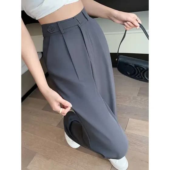 150 pequeno cinza terno calças femininas verão estreito calças de perna larga curto 145cm Drape calças retas