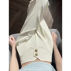 Bege gelo seda Chiffon terno calças femininas verão fino Casual calças retas High-End Drape estreito calças de perna lar