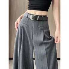 Calças de perna larga de linho listrado feminino verão 2026 novo estilo calças de terno estreito High-End Drape sentir e
