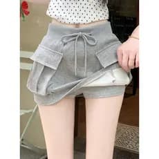 Saia cinza feminina verão 2026 novo estilo moletom pequeno cintura alta mais magro olhar a linha Anti-reflexo saia espor