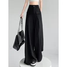 Preto reto terno calças femininas 2026 novo estilo high-End Drape calças de perna larga pequena cintura alta mais magro