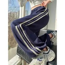 Renda costura listrado calças esportivas femininas primavera outono azul marinho calças de cintura alta mais magro olhar