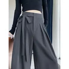 Terno cinza calças de perna larga feminina primavera outono Design sentido rendas cintura alta Drape em linha reta solta