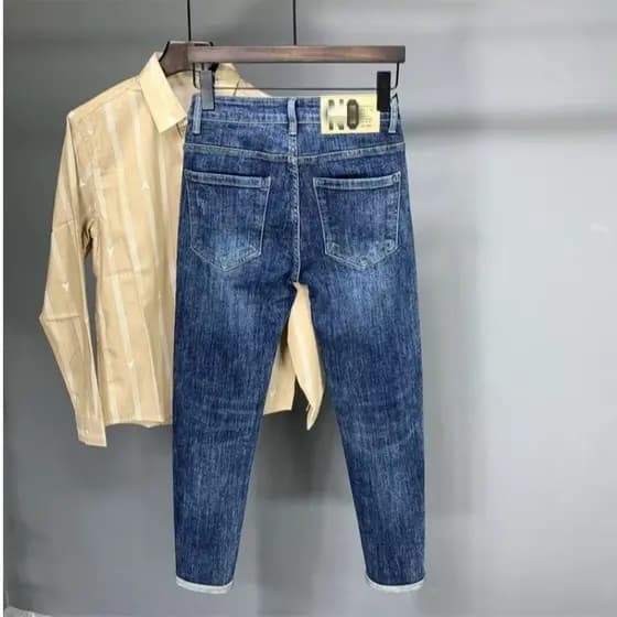 Calças de brim masculinas verão novo estilo High-End Street Wear fino-ajuste pés pequenos estiramento fino Casual lavado
