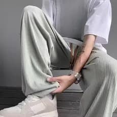Estilo fino plissado legal gelo seda calças esportivas masculinas Street Wear Drape solto em linha reta cintura elástica