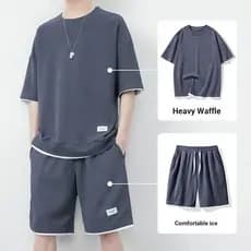 Waffle terno de seda gelo manga curta camiseta masculina esportes casuais roupas masculinas um conjunto com bonito meia