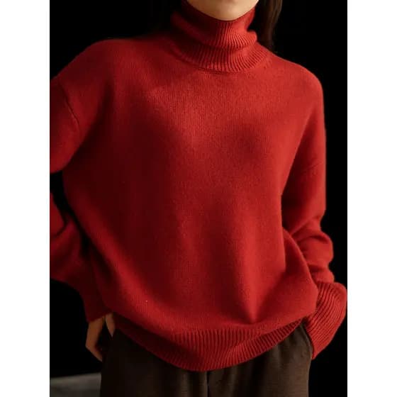 Ano novo vermelho grosso estilo fosco Cashmere 26 contagem fio duplo senhoras gola alta camisola solta malhas