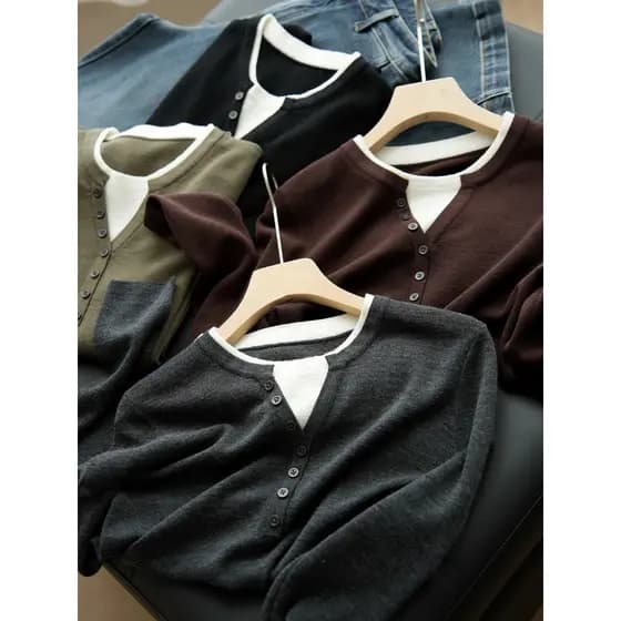 Senhoras malhas de lã cheia falso duas peças em torno do pescoço camisola magro-ajuste All-Match Formal ombro longo @