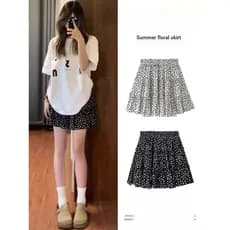 Tamanho grande Polka Dot Floral saia curta feminina primavera novo estilo Anti-reflexo cintura alta a linha saia preto P