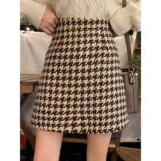 Tamanho grande gordura mm Houndstooth saia de lã feminina 2026 primavera outono novo estilo cintura alta Hip saia xadrez