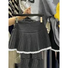 Tamanho grande estilo Preppy cinza escuro renda guarnição saia plissada feminina primavera outono pequena cintura alta l
