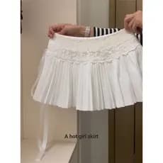 Tamanho grande renda branca costura saia plissada feminina saia doce cintura alta mais magro olhar Anti-reflexo Ballet A