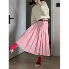 Tamanho grande gordura mm Design sentido rosa saia xadrez feminina suave cintura alta mais magro olhar A linha saia xadr