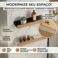 Prateleira Adesiva para Banheiro em Estilo Madeira e Ferro | Organizador para Chuveiro sem Furos | Resistente à Umidade