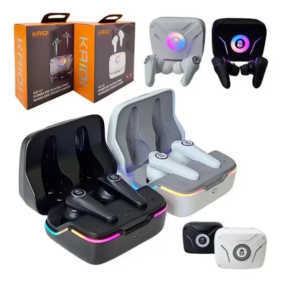 Fone De Ouvido Kaidi Kd-g1 Som Academia Sem Fio Tws Gamer Cor Branco e Preto Fone Gamer Com led KAIDI 6 Horas de uso