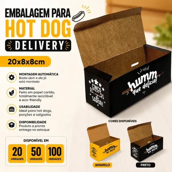 Caixa Embalagem para Hot Dog Delivery Cachorro Quente - 20x8x8cm