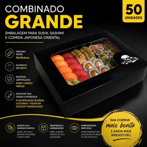 Embalagem Combinado Grande 18x15x4cm Caixa de Sushi Sashimi Comida Japonesa Oriental