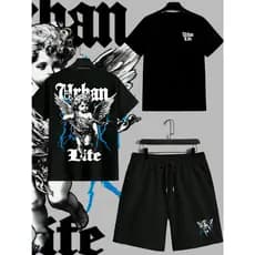Conjunto Camiseta 30.1 + Bermuda Moletom Estampa Angel 03 streetwear Masculino