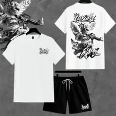 Conjunto Camiseta +  Bermuda Masculina Tactel Com elastano Estampa LUXURY ANGEL Streetwear