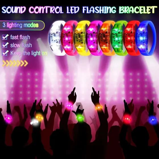 Até 50 pulseiras LED, ativadas por som, piscam com música, ideais para festas, casamentos, formaturas e aniversários.