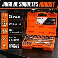 Jogo De Soquete Estriado 1/2 Robust 22 Peças Kit Maleta Chave Catraca Cachimbo Oficina Original