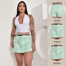 Short Saia Feminino com Botões na Frente com Ziper, Feito do Tecido Alfaiataria Disponivel nos Tamanhos M G GG e G1
