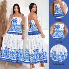 Vestido Longo Feminino, Elástico, Decote Tomara que Caia em Tecido Crepinho Estampado - Diversas Cores