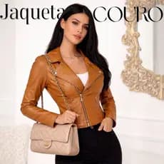 Jaqueta de Couro Sintético Feminina Acinturada Moda Outono