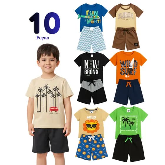 Kit 10 Peças Infantil Conjunto MENINO Roupas para Calor de Algodão Sortidos
