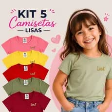 Kit 5 Camisetas Infantil Menina 100% Algodão Básicas Lisas Coloridas Confortáveis Delicadas e Versáteis