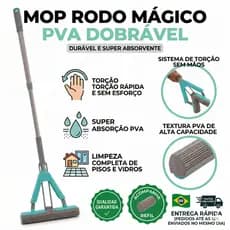 Mop Rodo Mágico Dobrável Absorvente Pva Limpeza Vidros Chão Inox Retrátil com Refil ou apenas refil