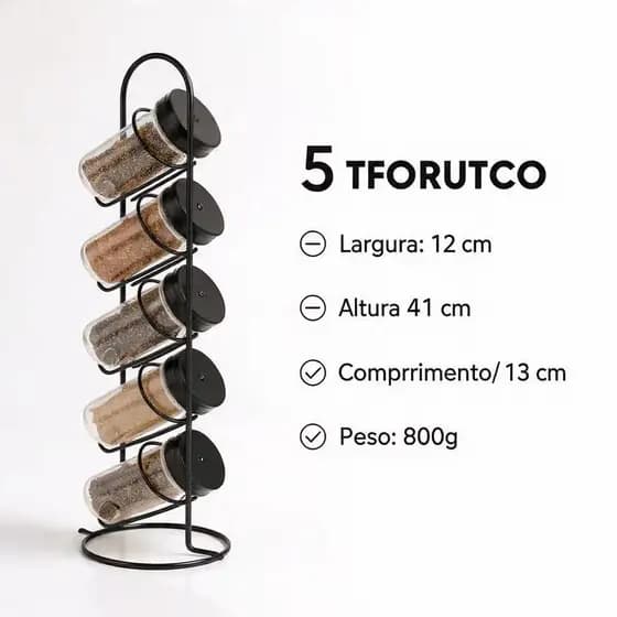 Porta Temperos Vertical com 5 pote de vidro eclusivos.