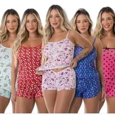 kit5 Conjuntos Pijama Feminino Estampado Baby doll Micro Poliéster tamanhos P,M,G,GG