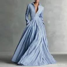 Vestido de manga comprida estilo europeu e americano [comprimento longo]/gola polo listrada, decote em V, saia em corte