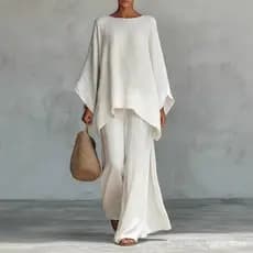 Conjunto Feminino Solto | Blusa Manga Longa + Calça Wide-Leg【Linho+Poliester Transpirável e Anti-amassado - Look Casual】