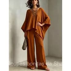 Conjunto Feminino de Algodão e Linho com Caimento Solto/Blusa de Manga Longa com Mangas Largas e Calças de Perna Larga/C