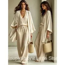 Conjunto de Algodão e Linho Feminino: Cardigã, Colete Sem Mangas com Decote em V, Calças Compridas, Conjunto de Três Peç