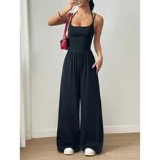 Conjunto de macacão tipo camisola/top justo e calças de perna larga [macacão]/roupa feminina casual de verão estilo euro