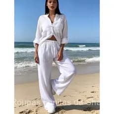 Conjunto Feminino de Algodão e Linho/Camisa Solta de Manga Longa e Calças de Perna Larga/Roupas Casuais Femininas Plus S