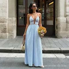 Vestido com decote em V profundo |     Vestido longo listrado sem costas [muito adequado para encontros e férias]