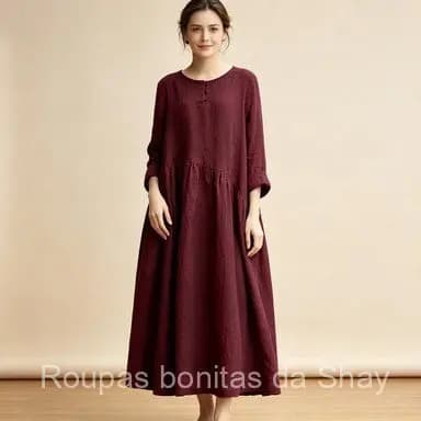 Vestido de algodão e linho/vestido de manga comprida em corte A/vestido longo solto/ em corte A/roupa casual femi