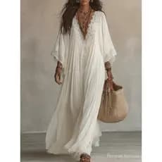 Vestido solto com decote em V de renda [estilo longo]/manga longa para encontro na praia, casual, férias, tamanho grande