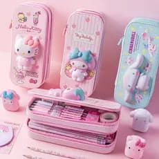 Estojo de Lápis Sanrio PU de Grande Capacidade Kawaii Hello Kitty Cinnamoroll Melody Doraemon Ultraman Material Escolar