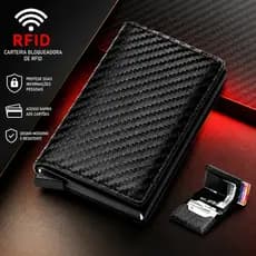 Carteira RFID De Fibra De Carbono-Porta-Cartões masculina Automático Com Proteção Antirroubo de couro preta
